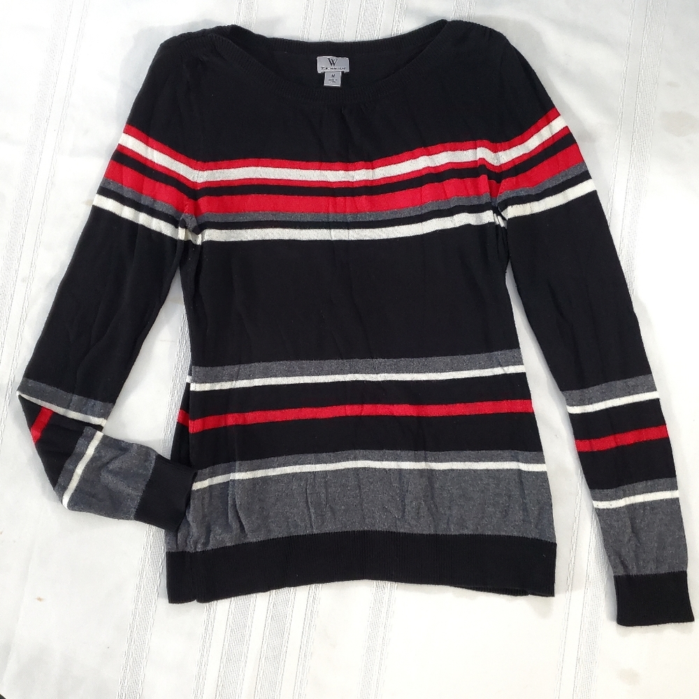 Worthington Cotton Rayon Black Red White Gray Striped Sweater Size M